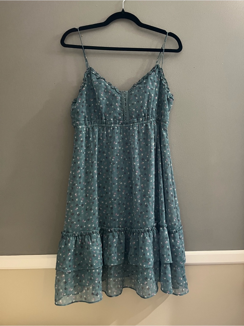 American Eagle Teal Floral Tiered Spaghetti Strap Sundress Mini Dress Vintage